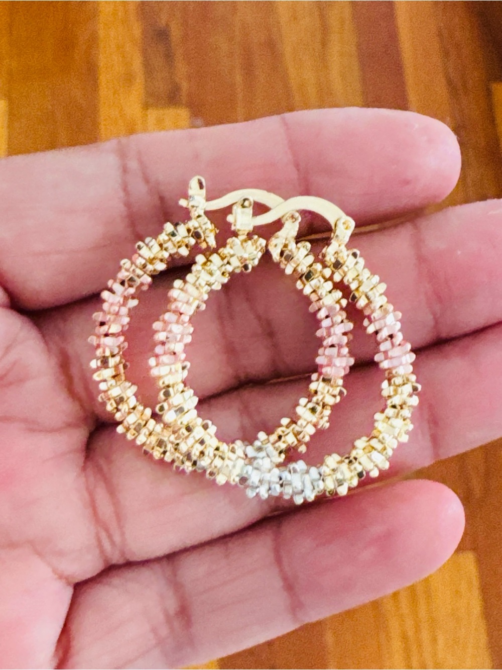 Beautiful 18K Gold Plated Hoop Earrings with Pink, silver and goldBeaded Accents